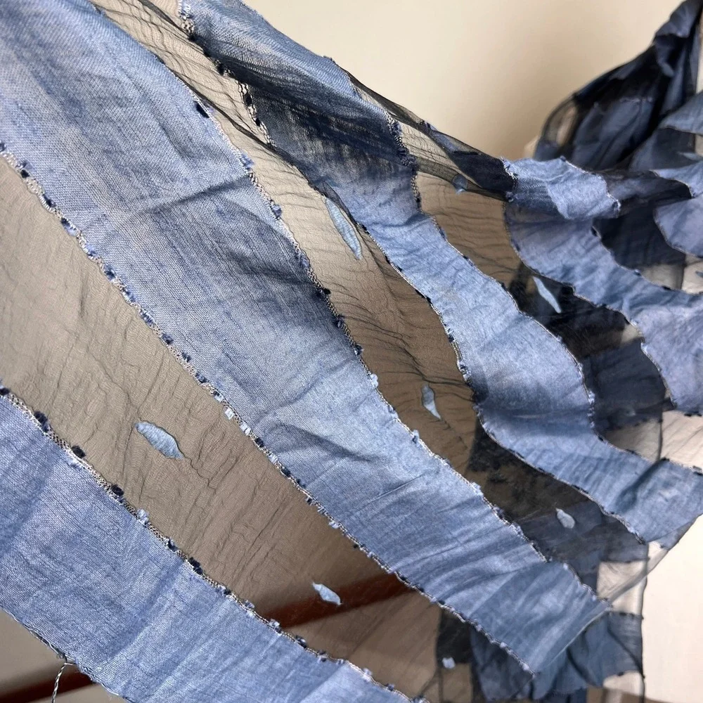 Silk Boiled Wool Sheer‎ Scarf Blue Textured Lightweight Summer Wrap Shawl Artsy